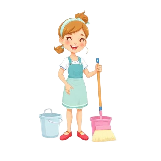 Friendly cartoon cleaning lady scrubbing a floor